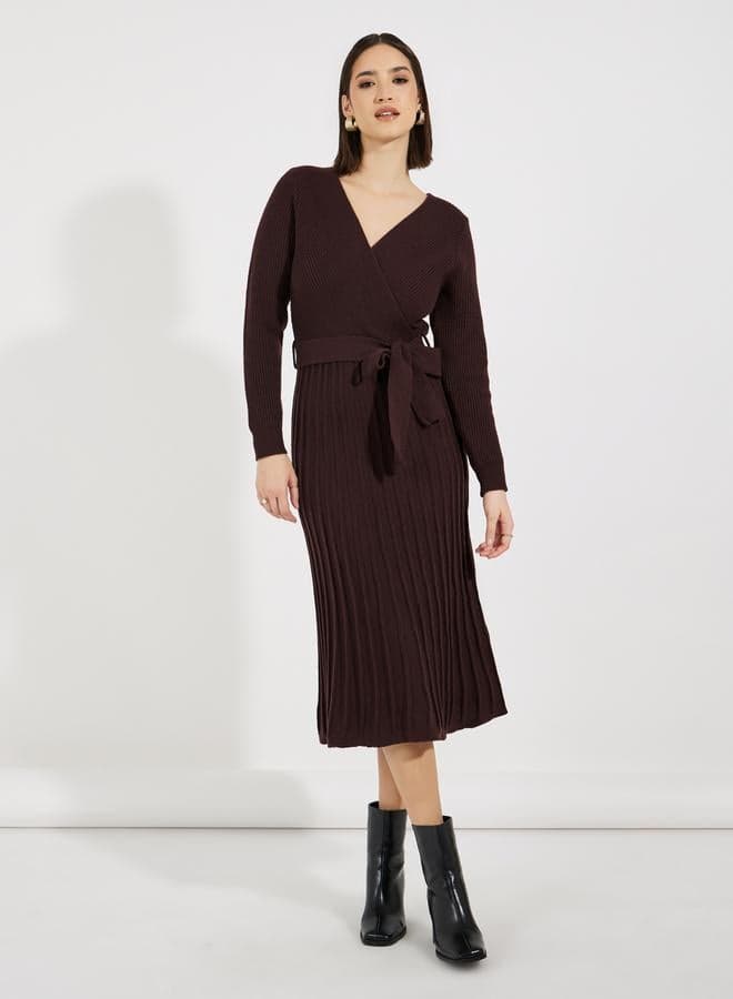 Brown Ribbed Wrap Midi Dress with Tie Waist - Image 1
