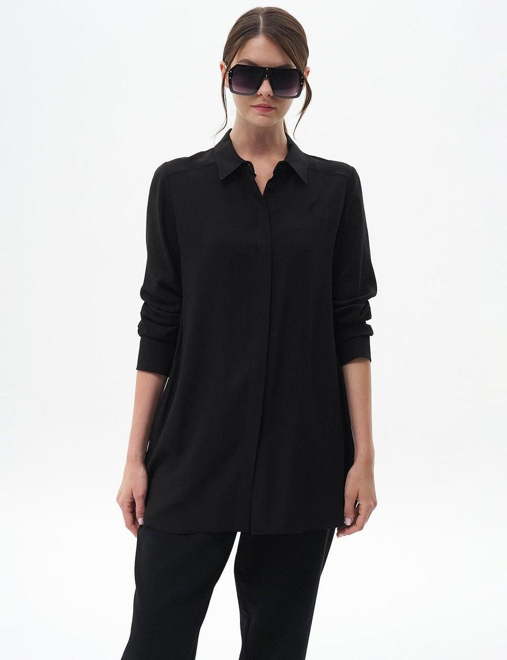 Concealed Placket Black Basic Tunic - Image 1