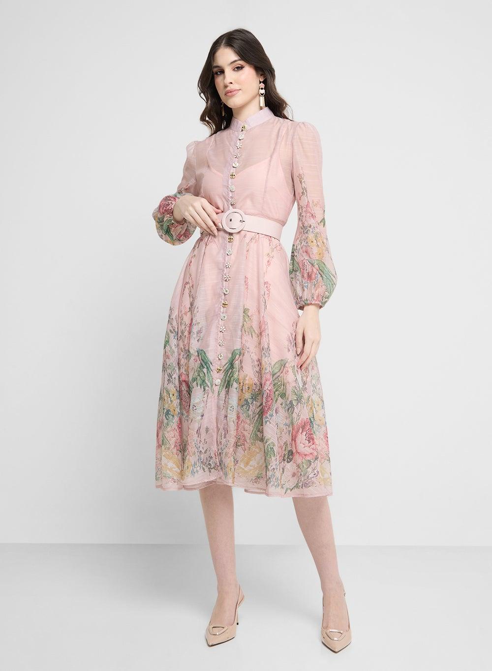 Pink Floral Chiffon Midi Dress with Belt - Image 1