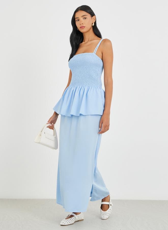 Solid Smocked Strappy Top and Midi Skirt Co-Ord Set - Image 1