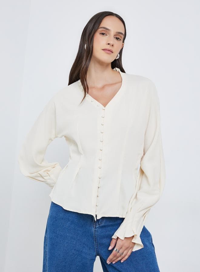 Styli Buttoned Balloon Sleeve Peplum Blouse - Image 1