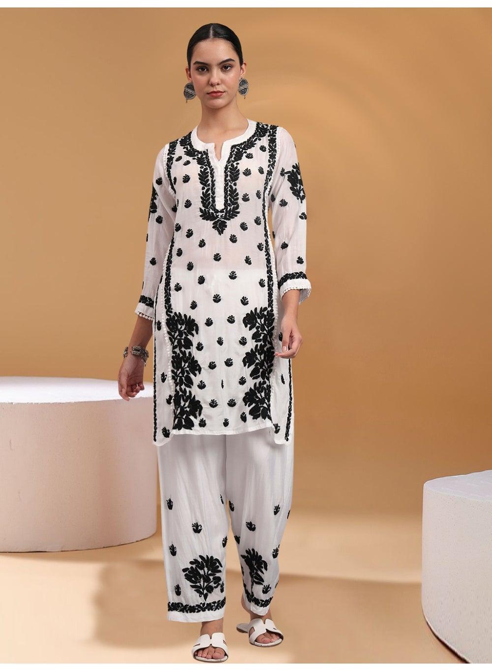 Women Hand Embroidered Chikankari Muslin Kurta Set AL4080KS - Image 1