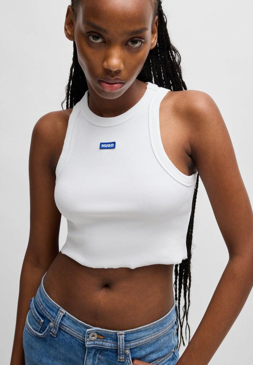 Cropped Stretch-Cotton Tank Top with Blue Logo Label - Image 1