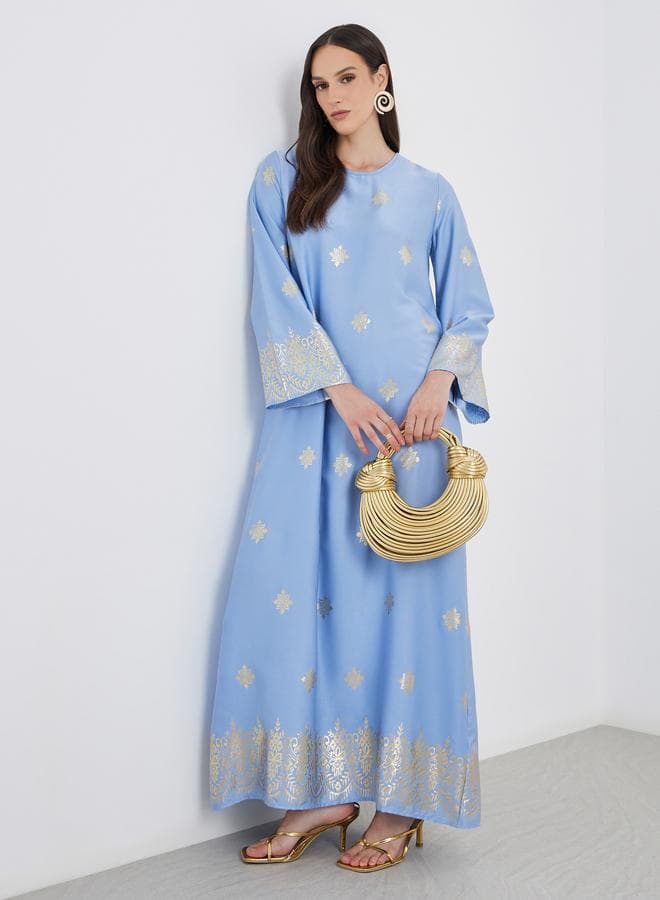 Women Blue Foil Print Round Neck Jalabiya - Image 1