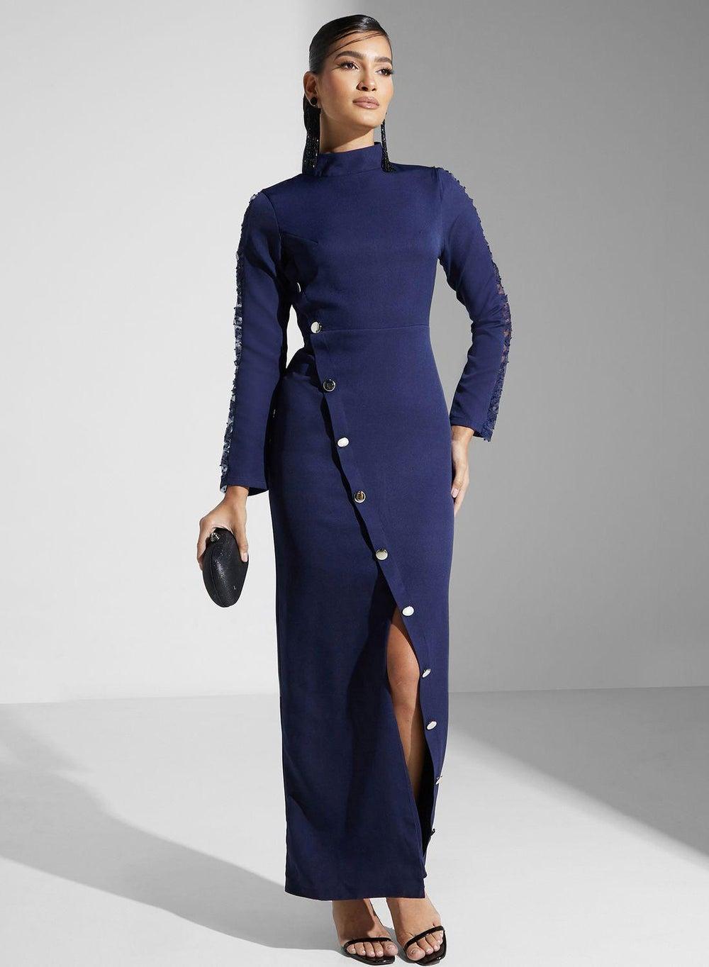 Button Slit Blue Dress with Sheer Sleeves - Image 1