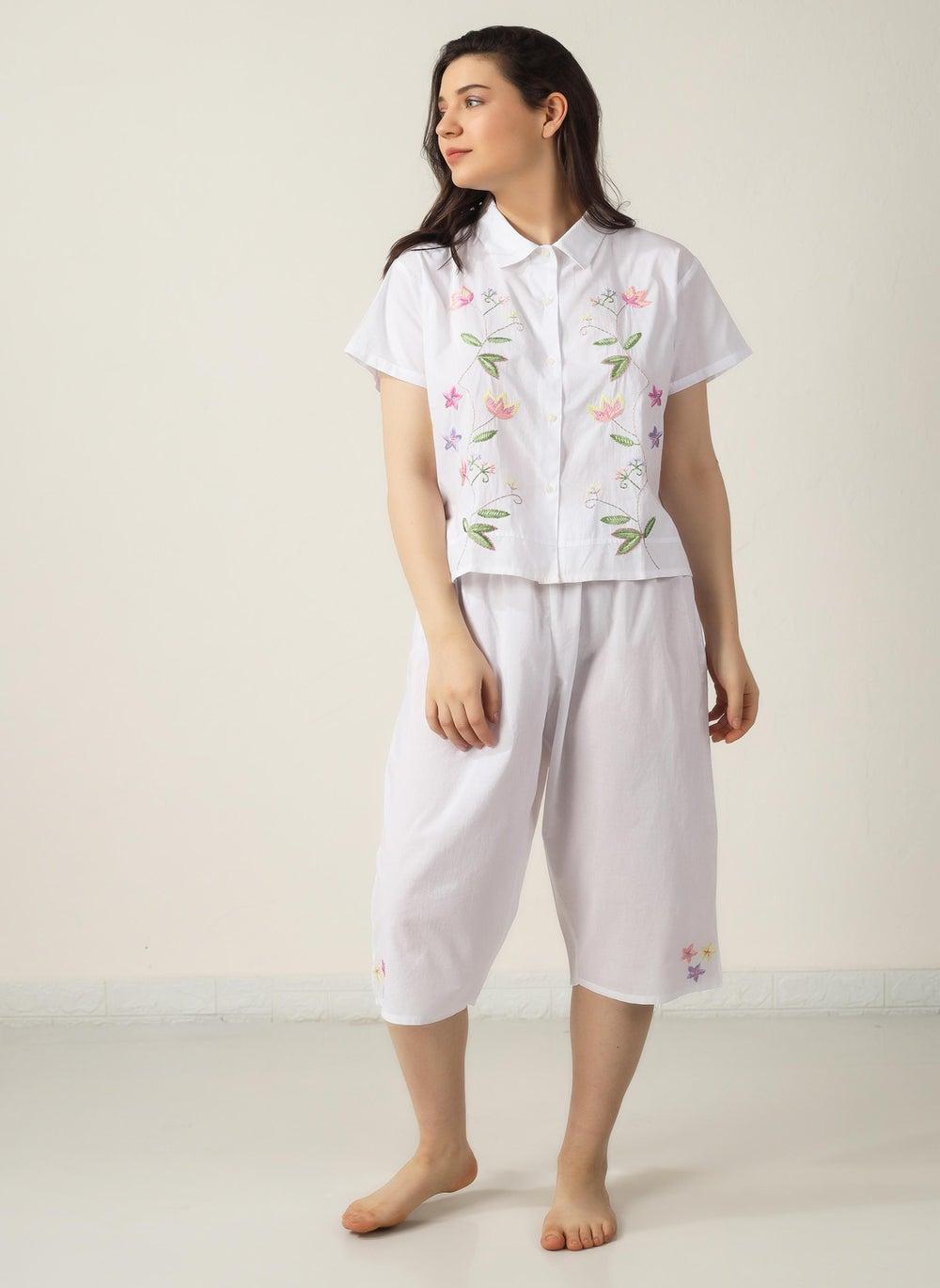 Blossom Embroidered Cotton Long Pyjama Set - Image 1