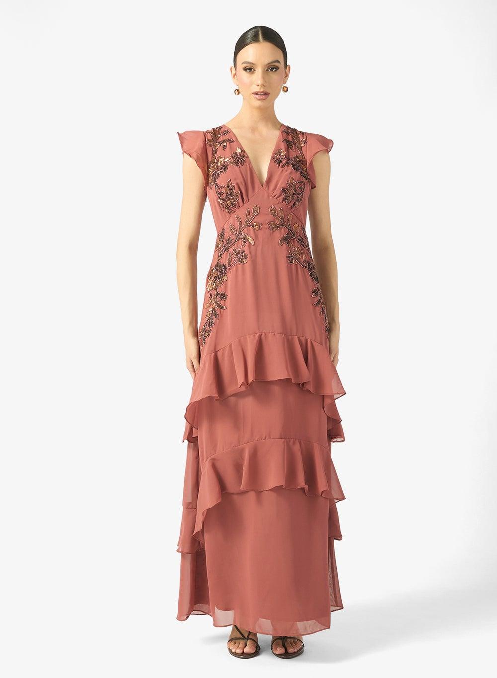 Ruffle Embellished V Neck Floral Maxi Dress - Image 1