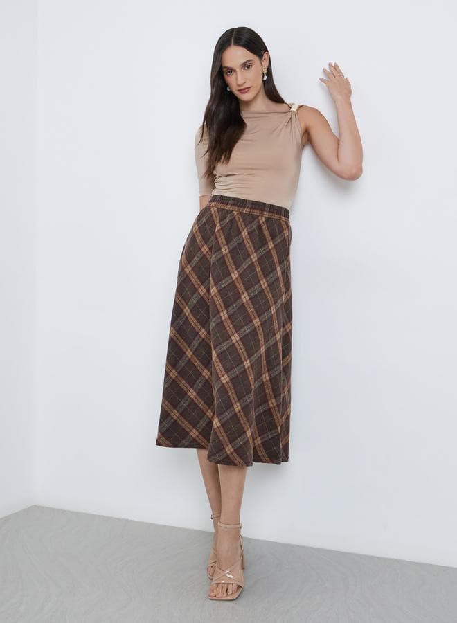 Styli Checked Print A-Line Midi Skirt - Image 1