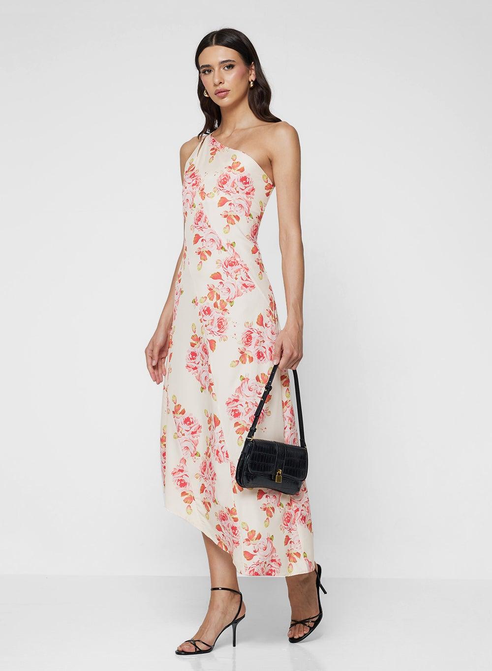 One Shoulder Floral Print Midi Dress - Image 1