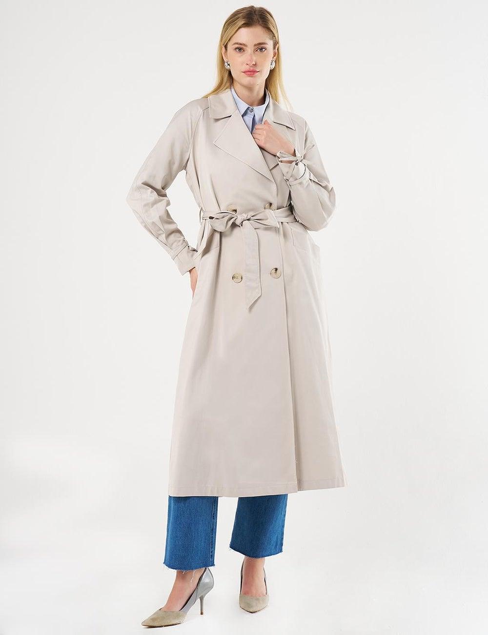 Stone Buttoned Double-Breasted Trench Coat with Detachable Belt - Image 1