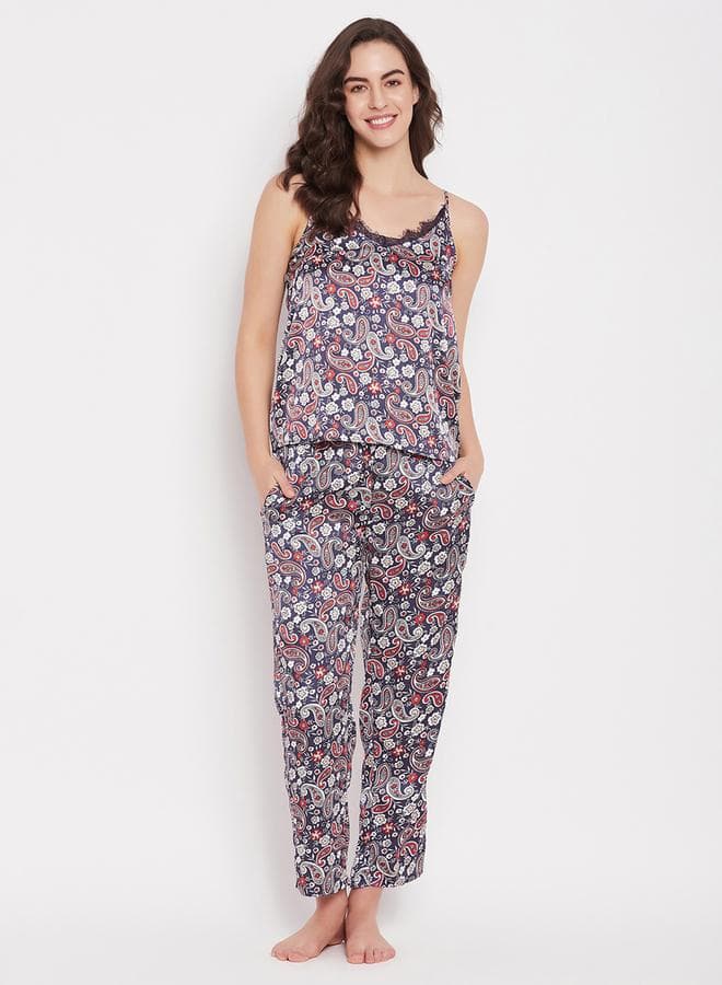 Paisley Print Satin Cami Top and Pyjama Set - Image 1