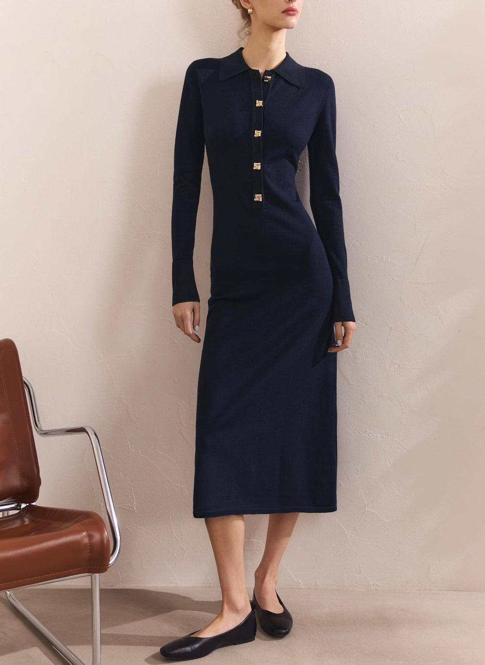 Jersey Midi Dress with Triangular Collar and Buttons - Image 1