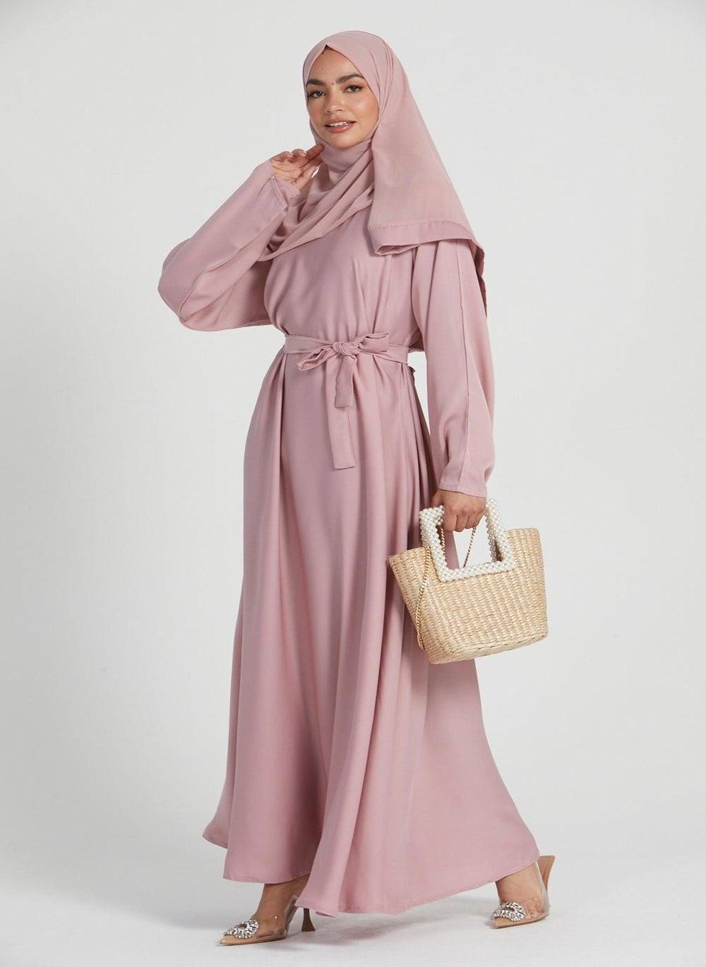 Elegant Rose Plain Abaya with Belt and Hijab AB95 - Image 1
