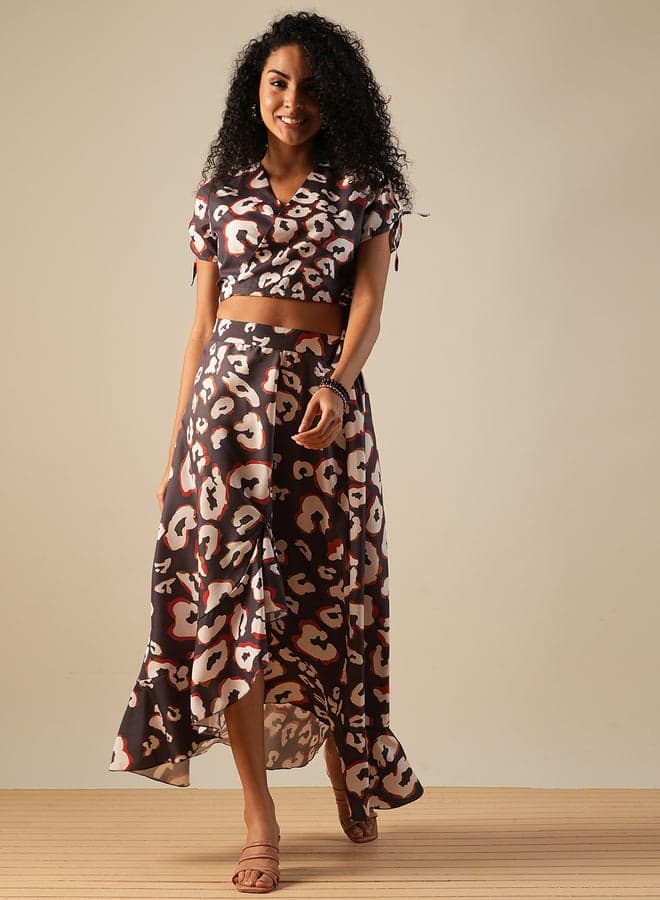 Globus Leopard Print Wrap V-Neck Crop Top Skirt Co-Ord - Image 1