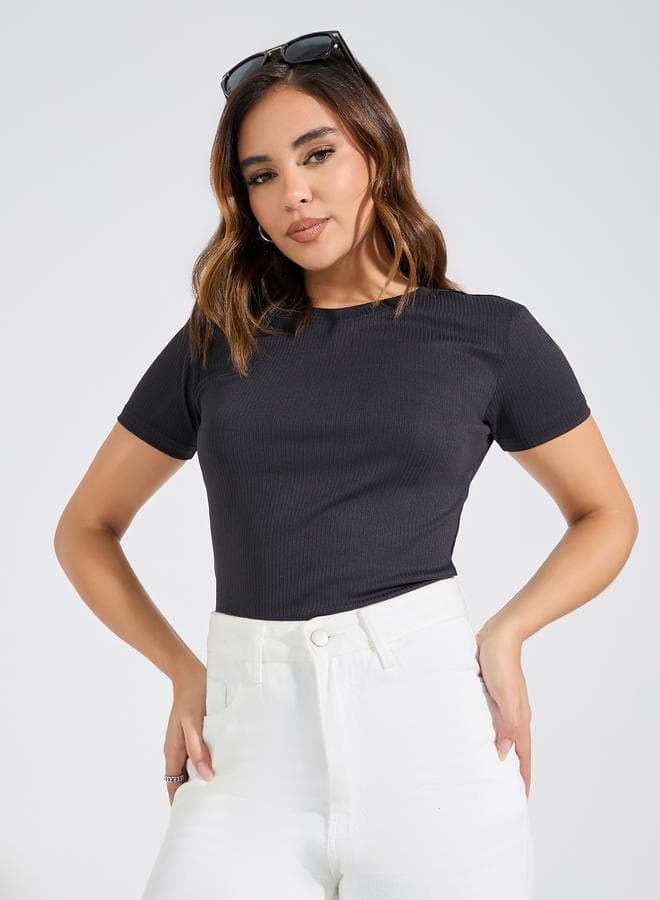 Ribbed Fitted Round Neck Plain T-Shirt - Image 1
