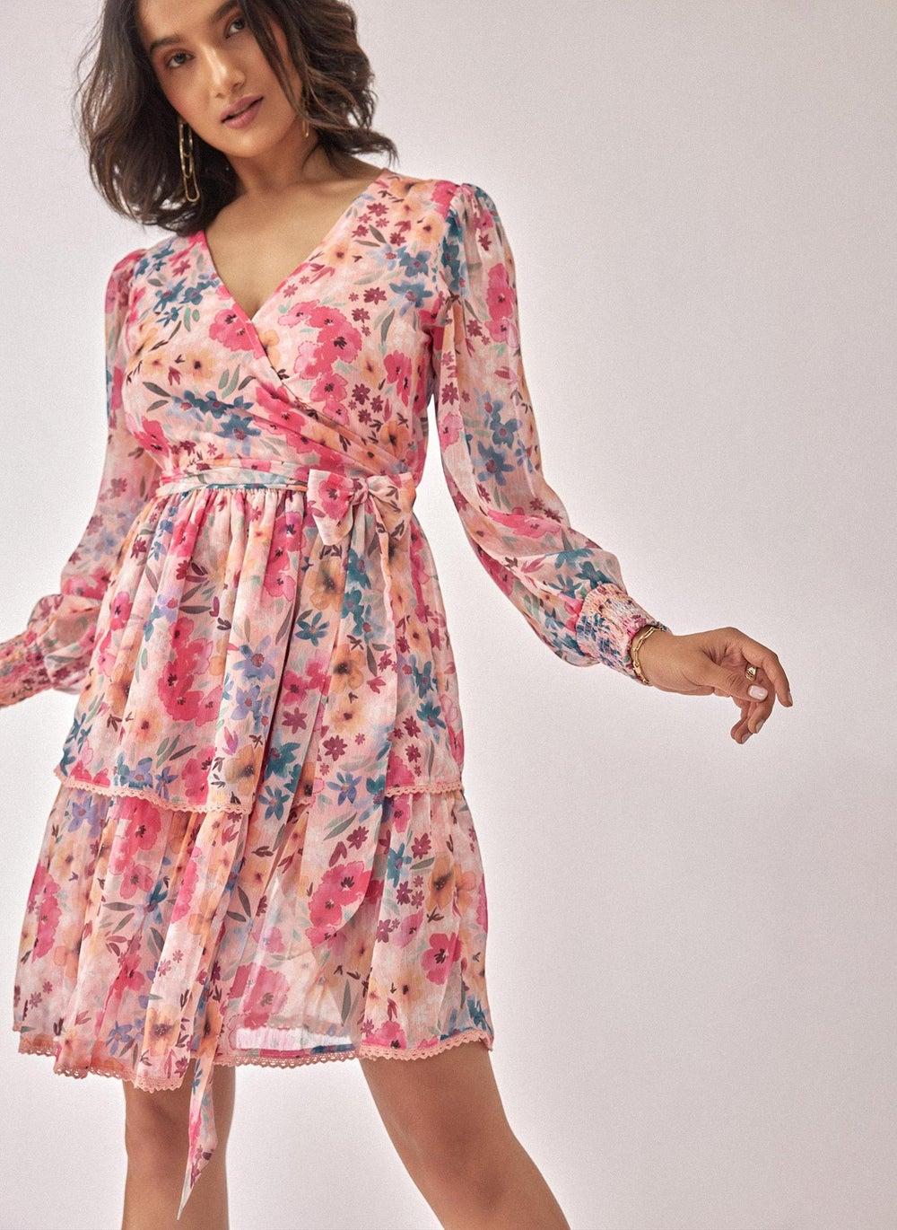 Floral Chiffon Wrap Mini Dress - Image 1