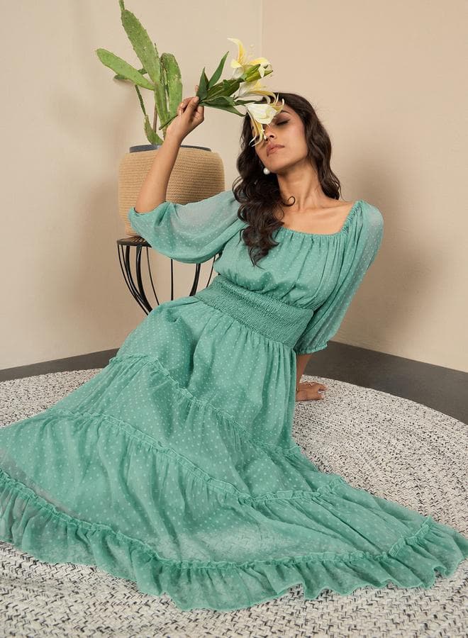 Green Smocked Balloon Sleeve Tiered Midi Dress - Image 1