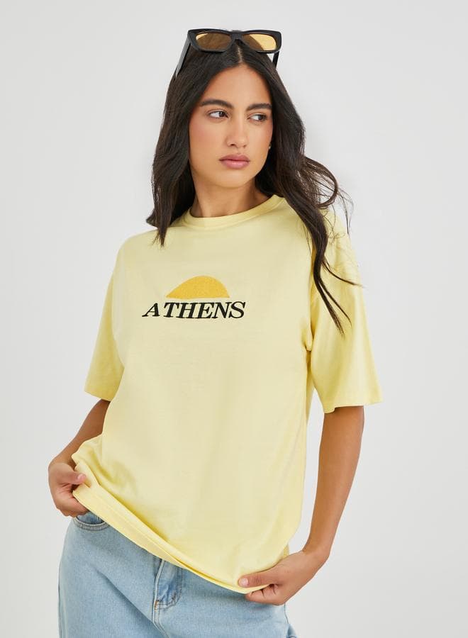 Embroidered Slogan Oversized Short Sleeve T-Shirt - Image 1