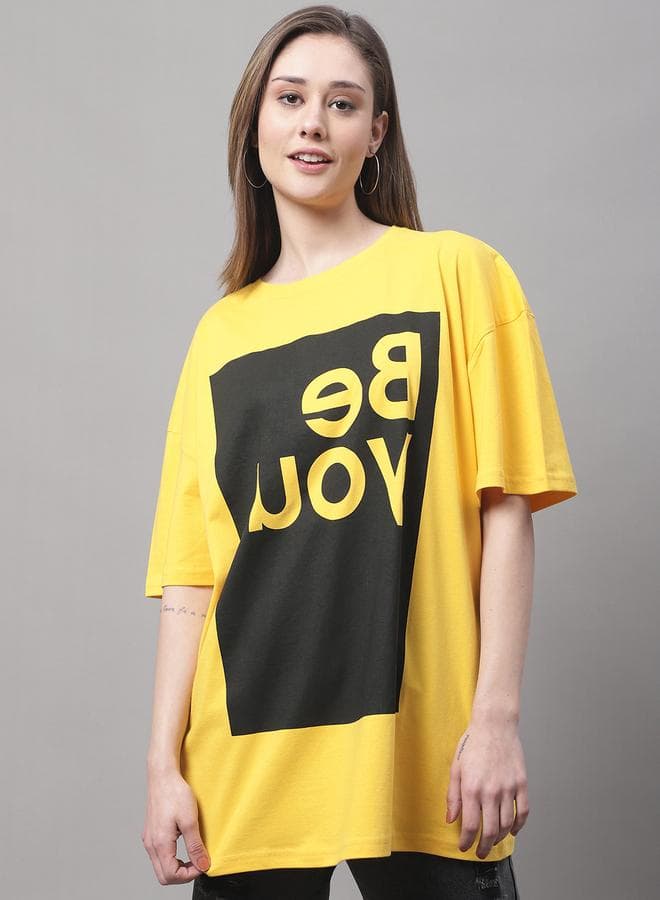 Women Yellow Oversized Graphic Print T-Shirt - Image 1