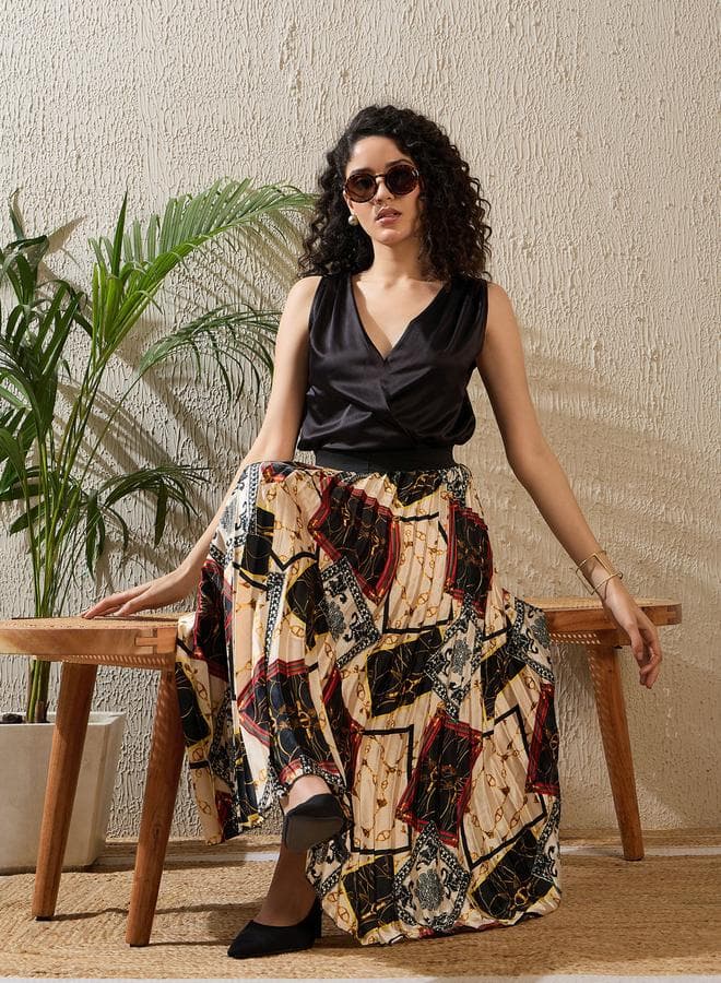 Stylestone Printed Satin Pleated A-Line Midi Skirt - Image 1