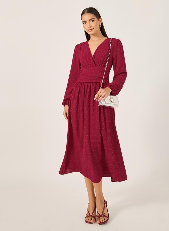 Red Dobby V-Neck A-Line Midi Dress - Image 1