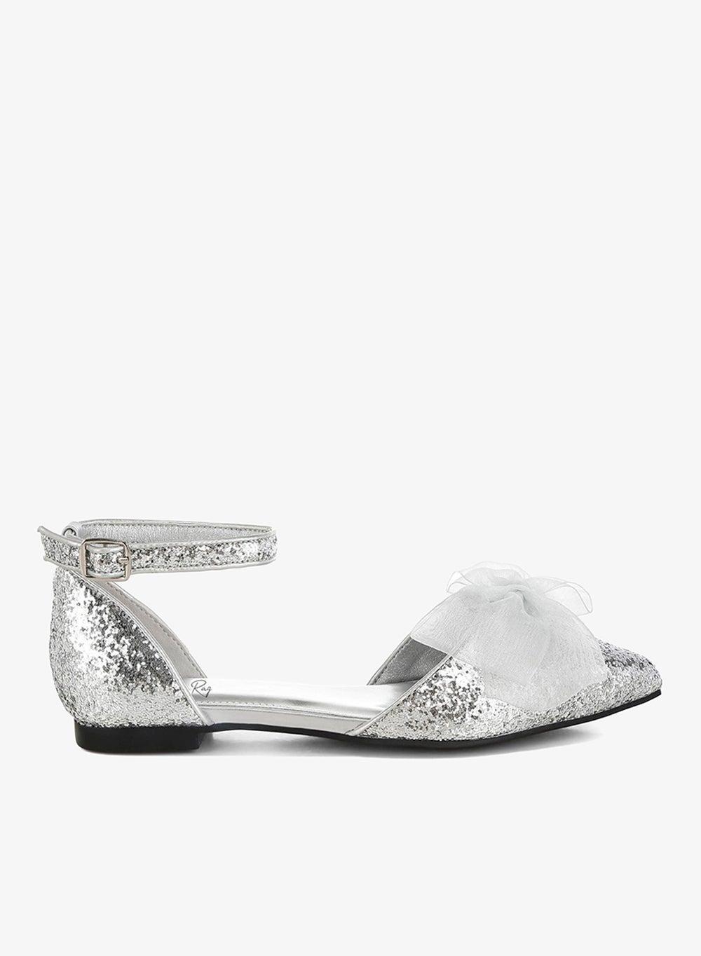 Silver Sheer Bow Glitter Flat Sandals - Image 1