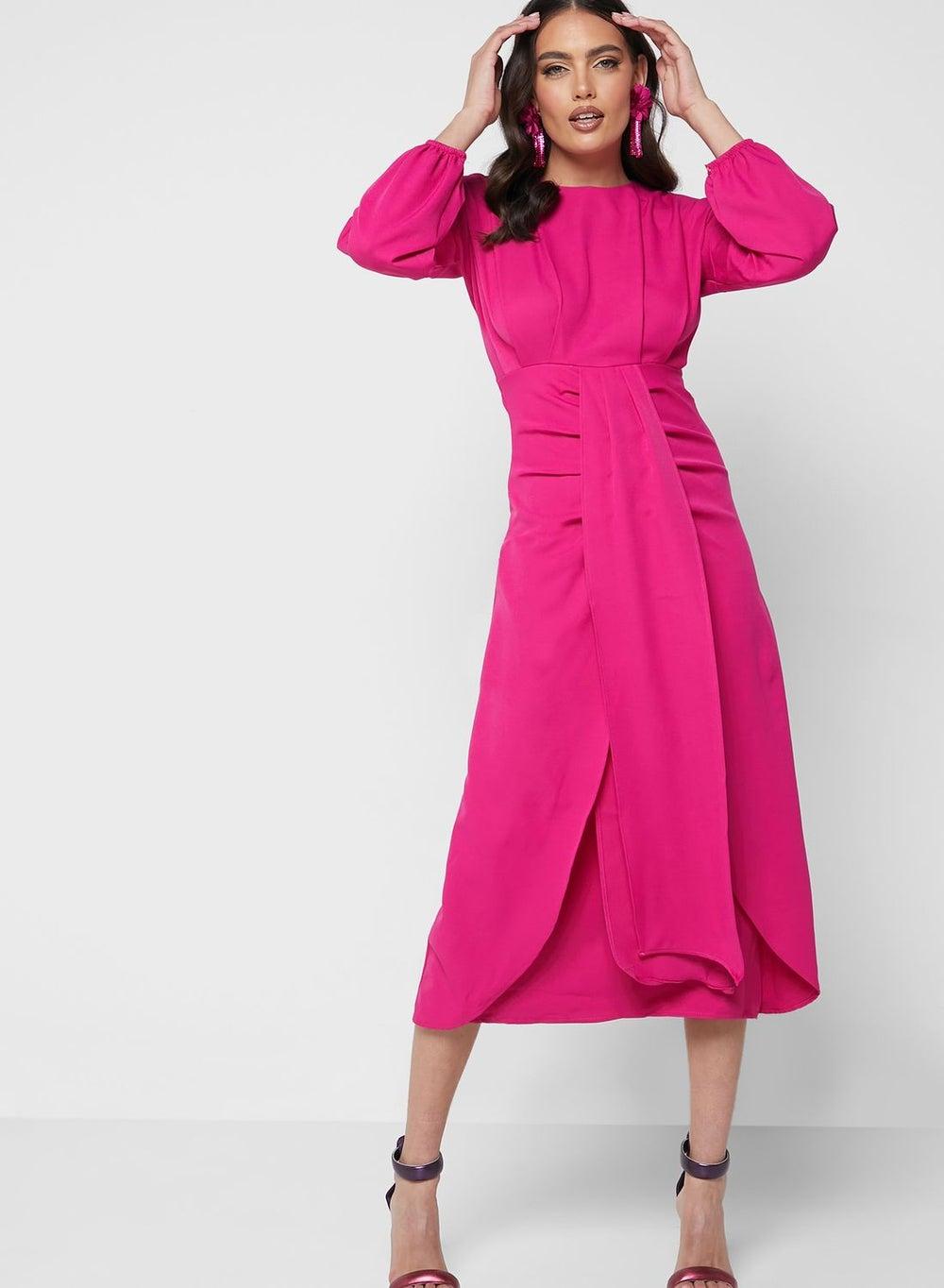 Tulip Hem Midi Dress with Draped Waist Sash - Image 1