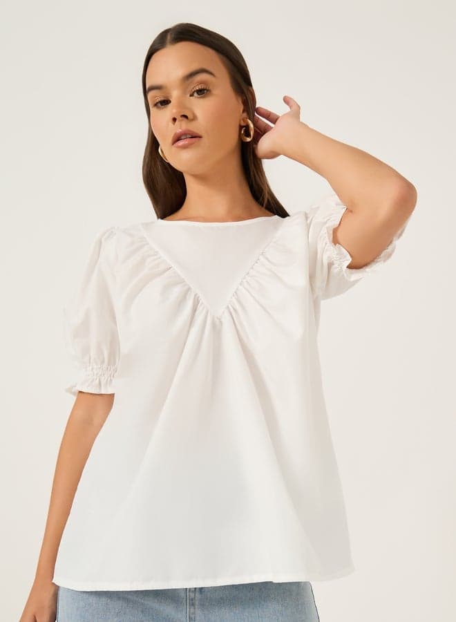 Solid Puff Sleeve Blouse with Smocked Cuffs - Image 1