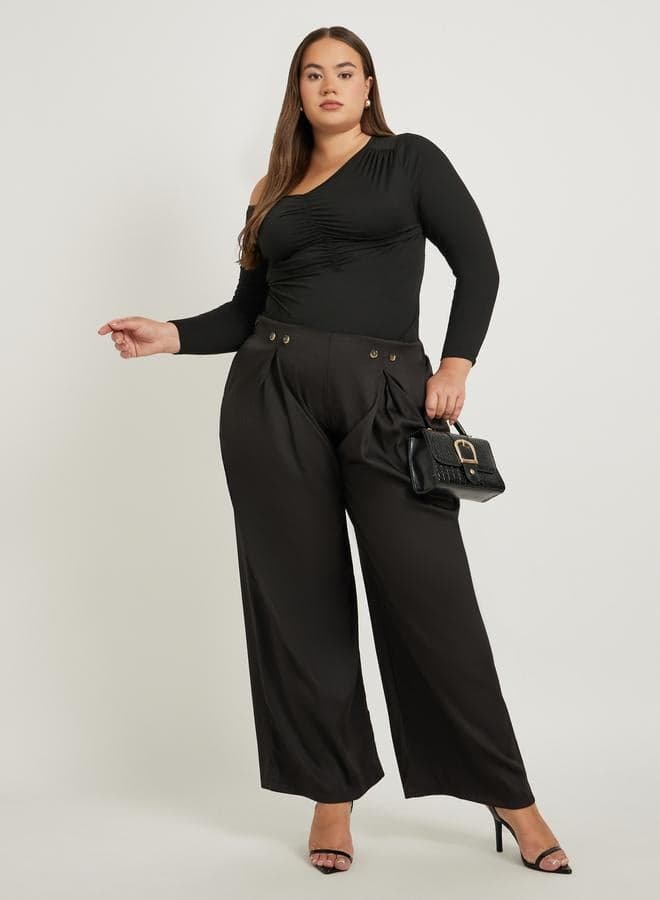 Styli Plus Size Pleated Wide Leg Pants with Button Detail - Image 1