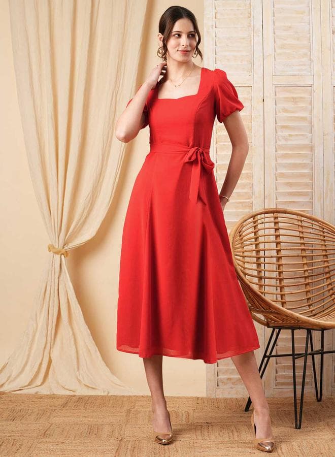 Red Square Neck Midi Dress with Puff Sleeves - Image 1