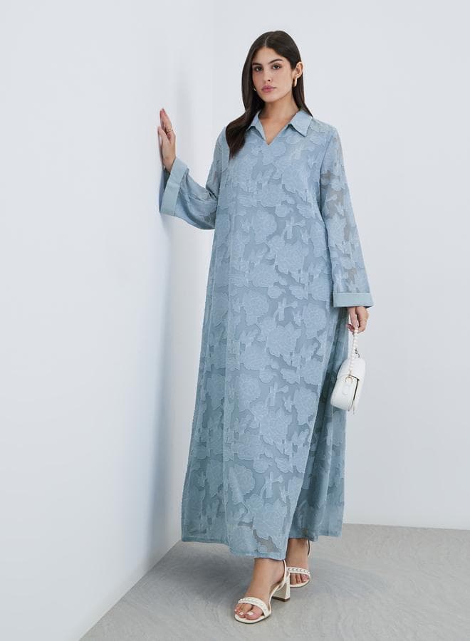 Women Blue Jacquard Jalabiya with Collar Detail - Image 1