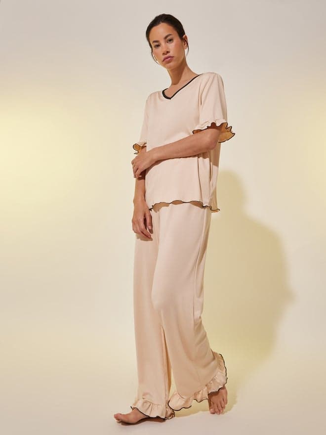 Solid V Neck Ruffled Top and Joggers Nightwear Set - Image 1