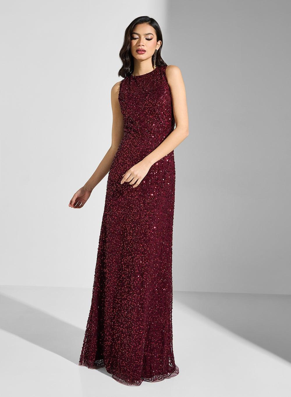 Burgundy Sequin Sleeveless Floor-Length Gown Dress - Image 1
