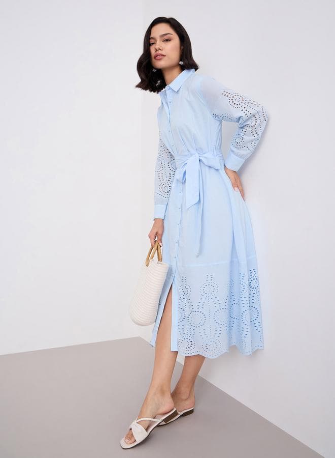 Styli Light Blue Schiffli Midi Shirt Dress - Image 1