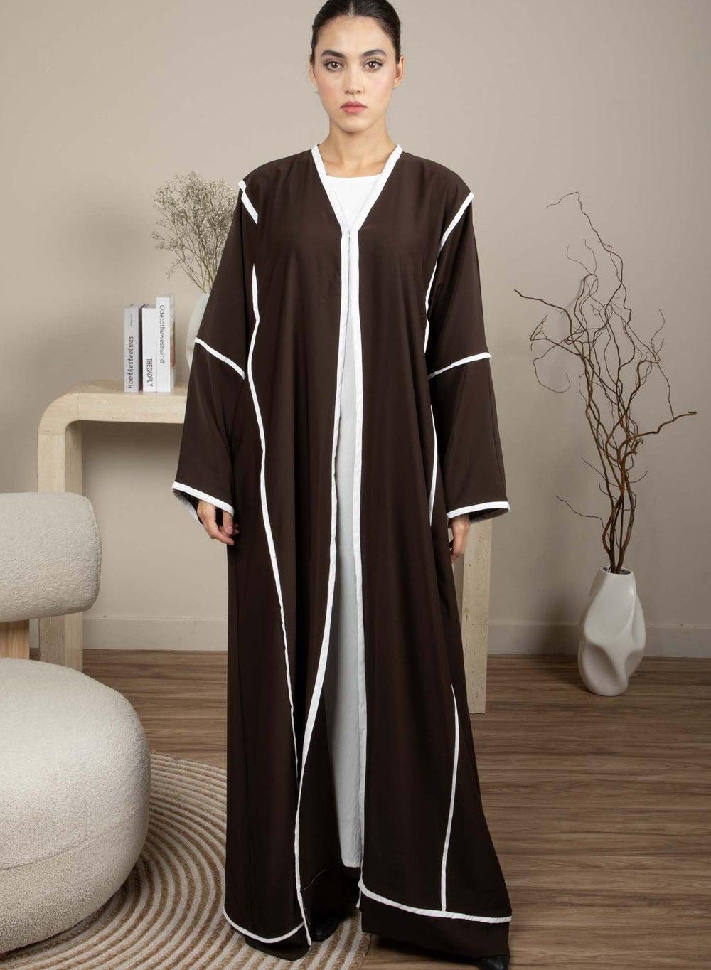 Brown Front Open Nida Abaya with White Piping - Image 1