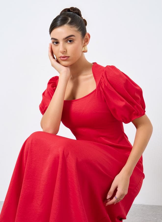 Styli Solid Puff Sleeve Square Neck Midi Dress - Image 1