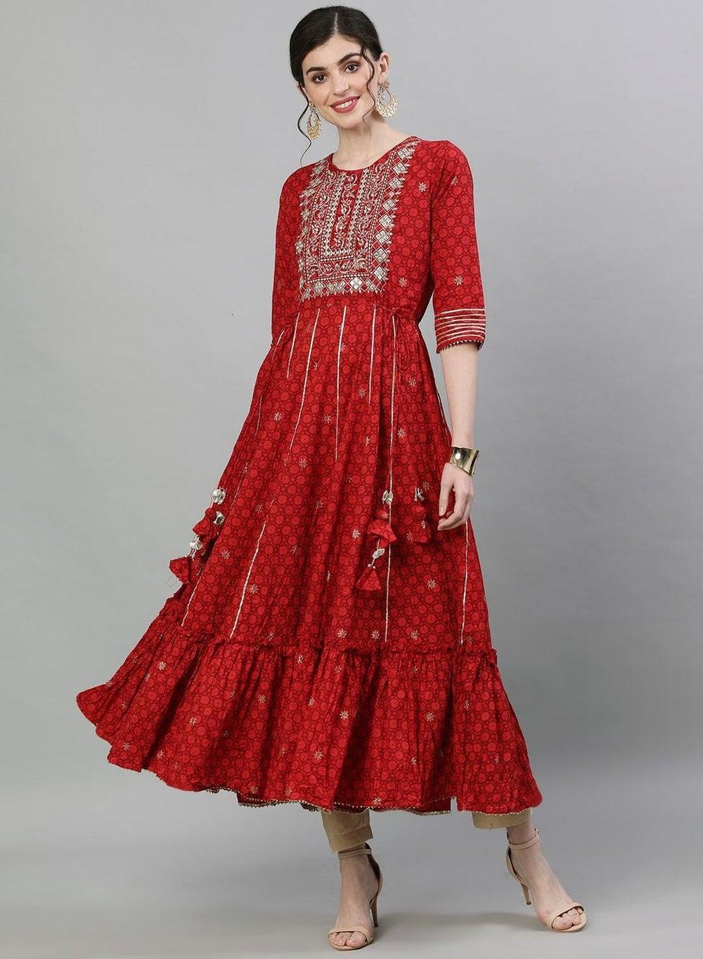 Women’s Red 100% Cotton Self Design A-Line Kurta - Image 1