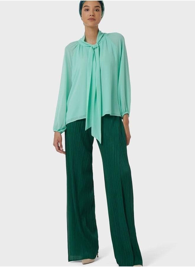 Neck Tie Blouse with Gathered Shoulders - Image 1