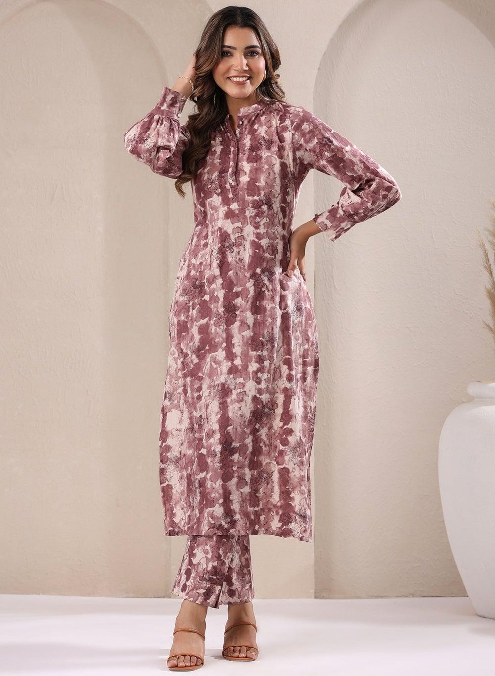 Mauve Cotton Tie & Dye Kurta 2Pc Set - Image 1