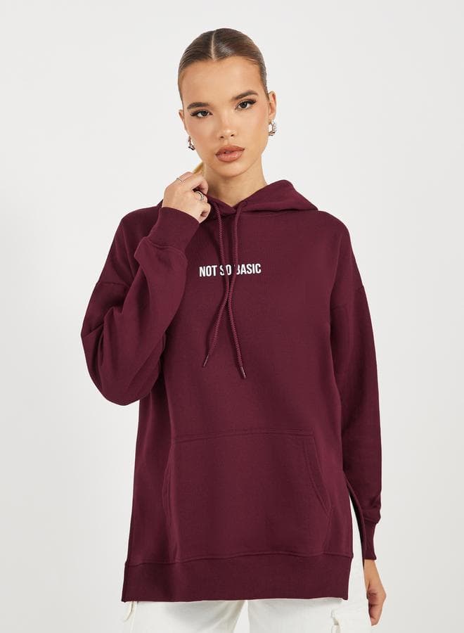 Oversized Longline Slogan Hoodie with Side Slits - Image 1