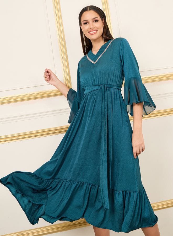 Styli Teal Embroidered Midi Dress with Tie Belt - Image 1