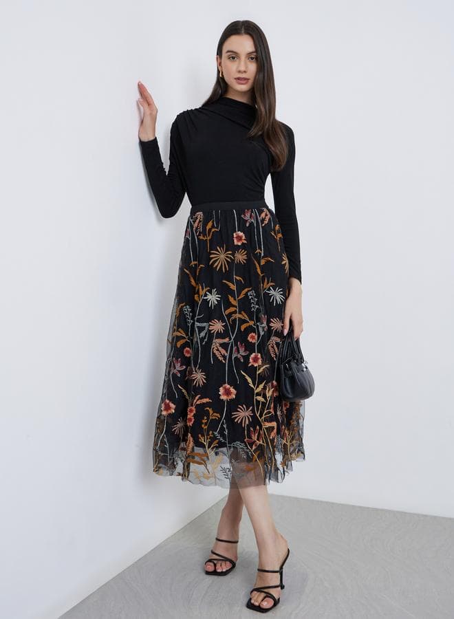 Women’s Floral Embroidery A-Line Mesh Maxi Skirt - Image 1