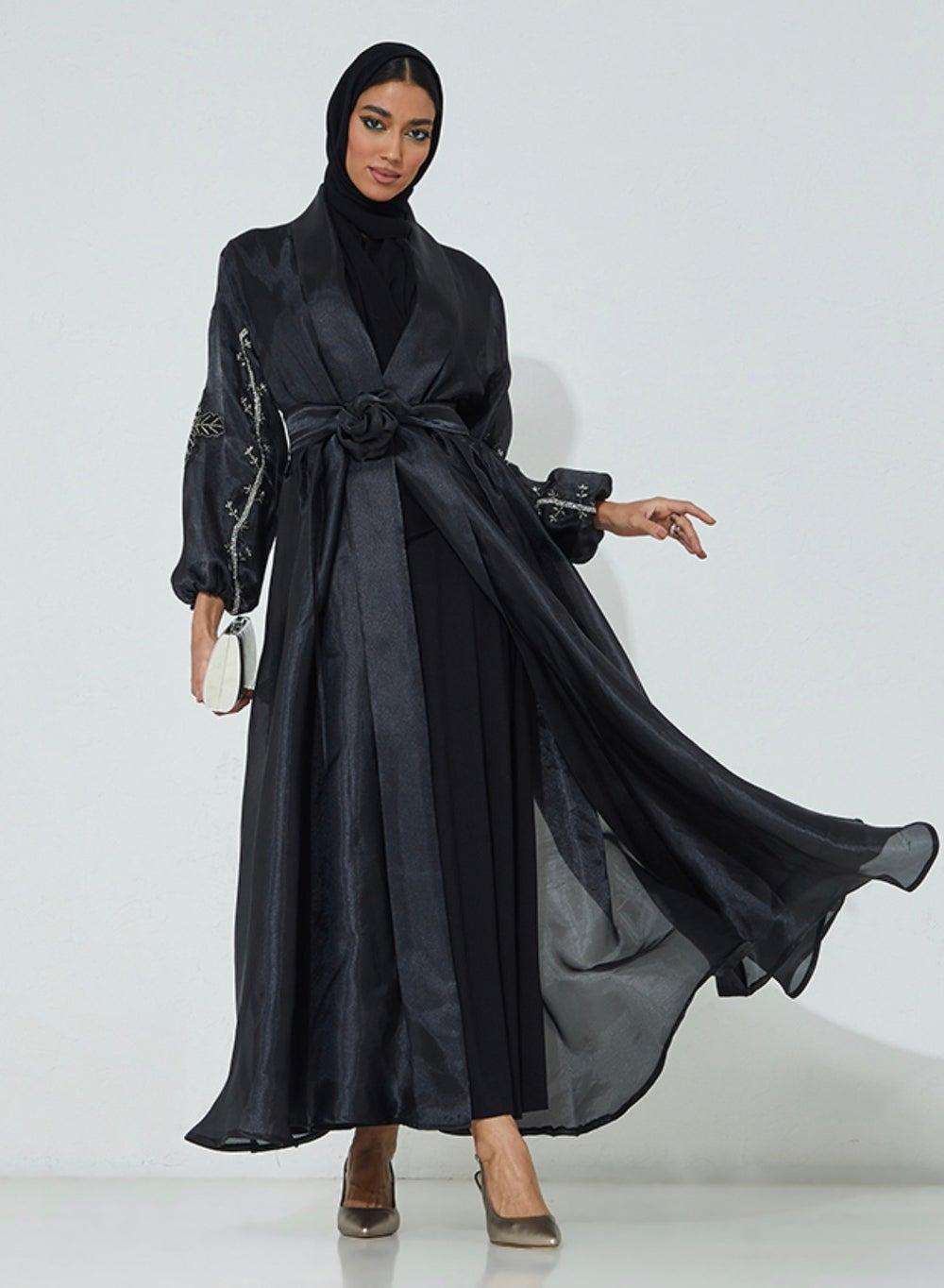 Black Organza Abaya with Silver Stone Embroidery - Image 1