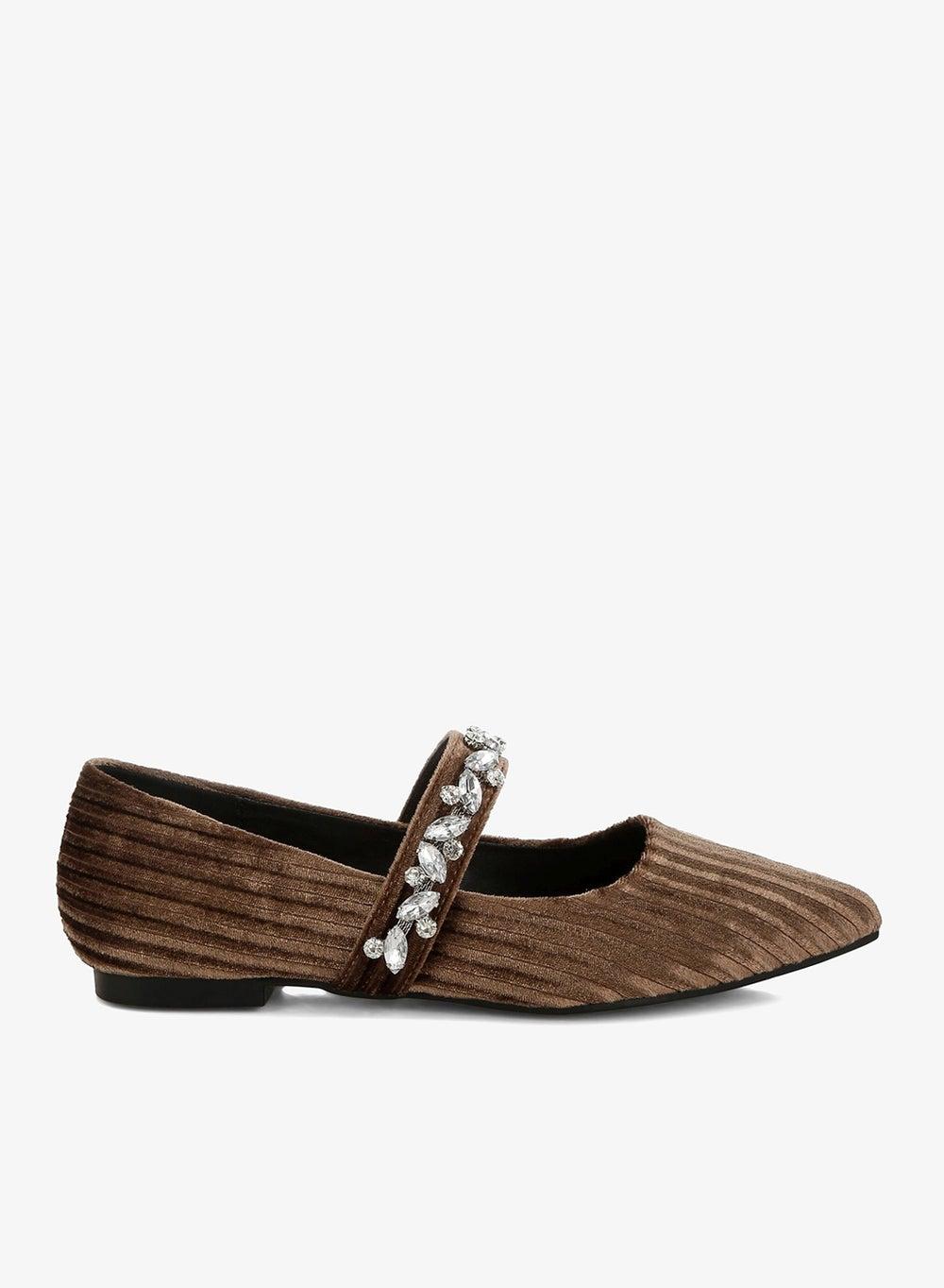 Brown Velvet Diamante Brooch Ballerinas - Image 1
