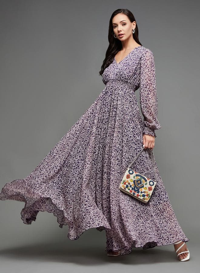 Floral Print Maxi Dress with V-Neckline - Image 1