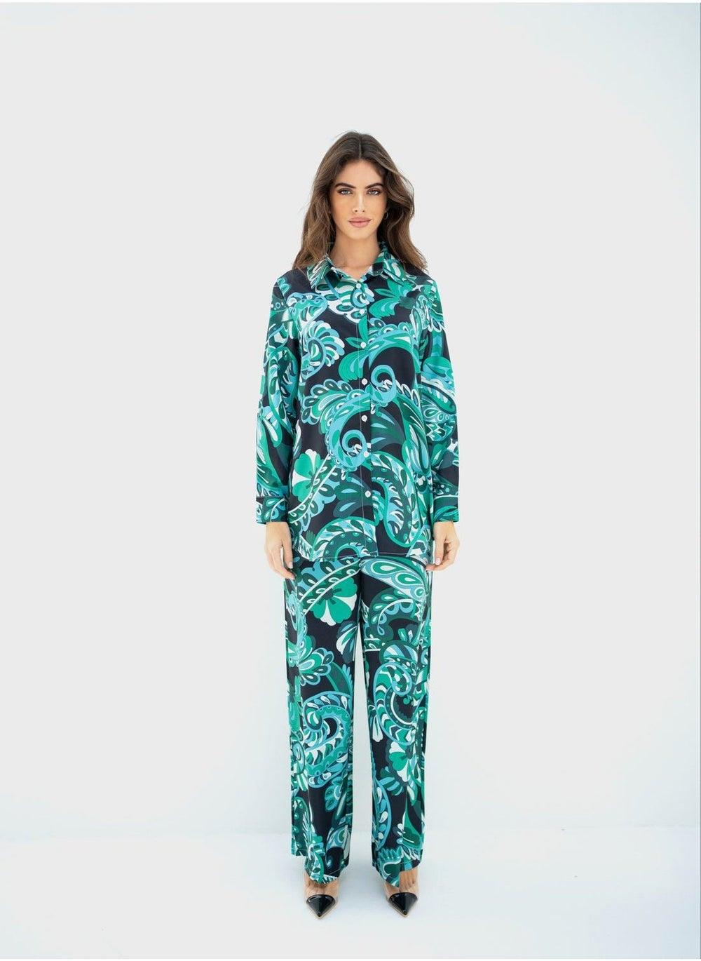 Floral Print Button Down Shirt and High Waist Pants Set - Image 1