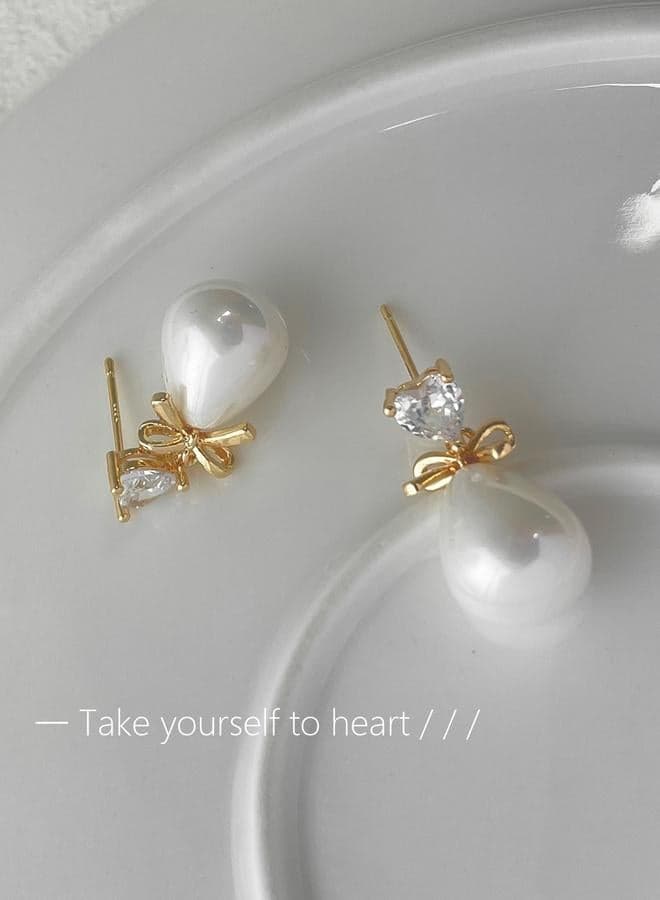 Take Two Gold Faux Pearl Bow Drop Earrings - Image 1