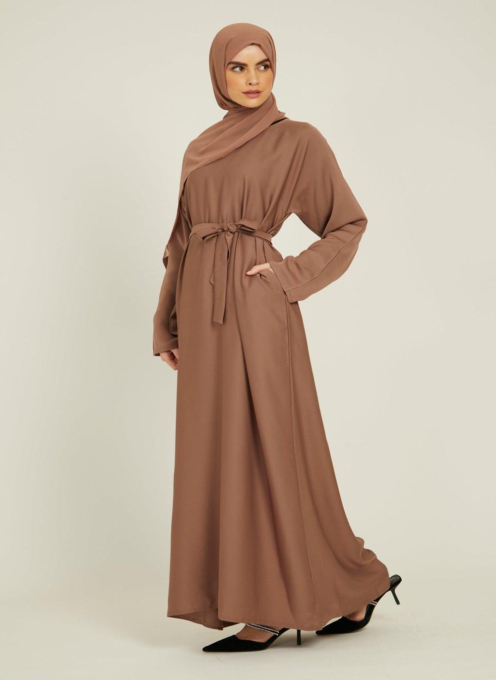 Elegant Brown Plain Abaya with Belt and Hijab AB52 - Image 1