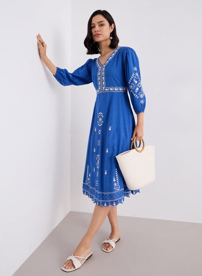 Embroidered Balloon Sleeve A-Line Midi Dress - Image 1