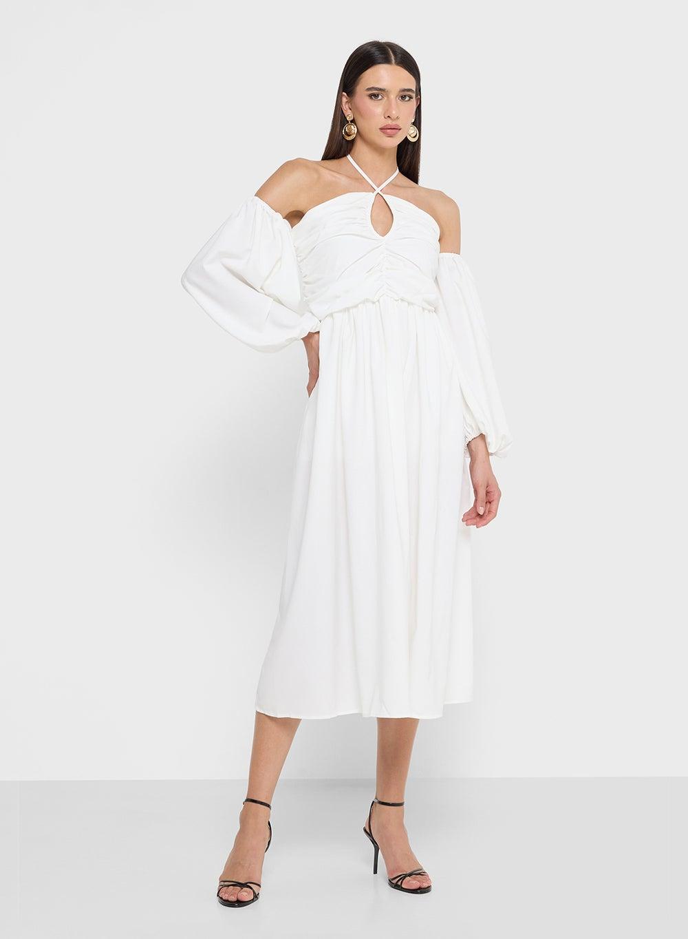 Off Shoulder Puff Sleeve Midi Dress - Image 1